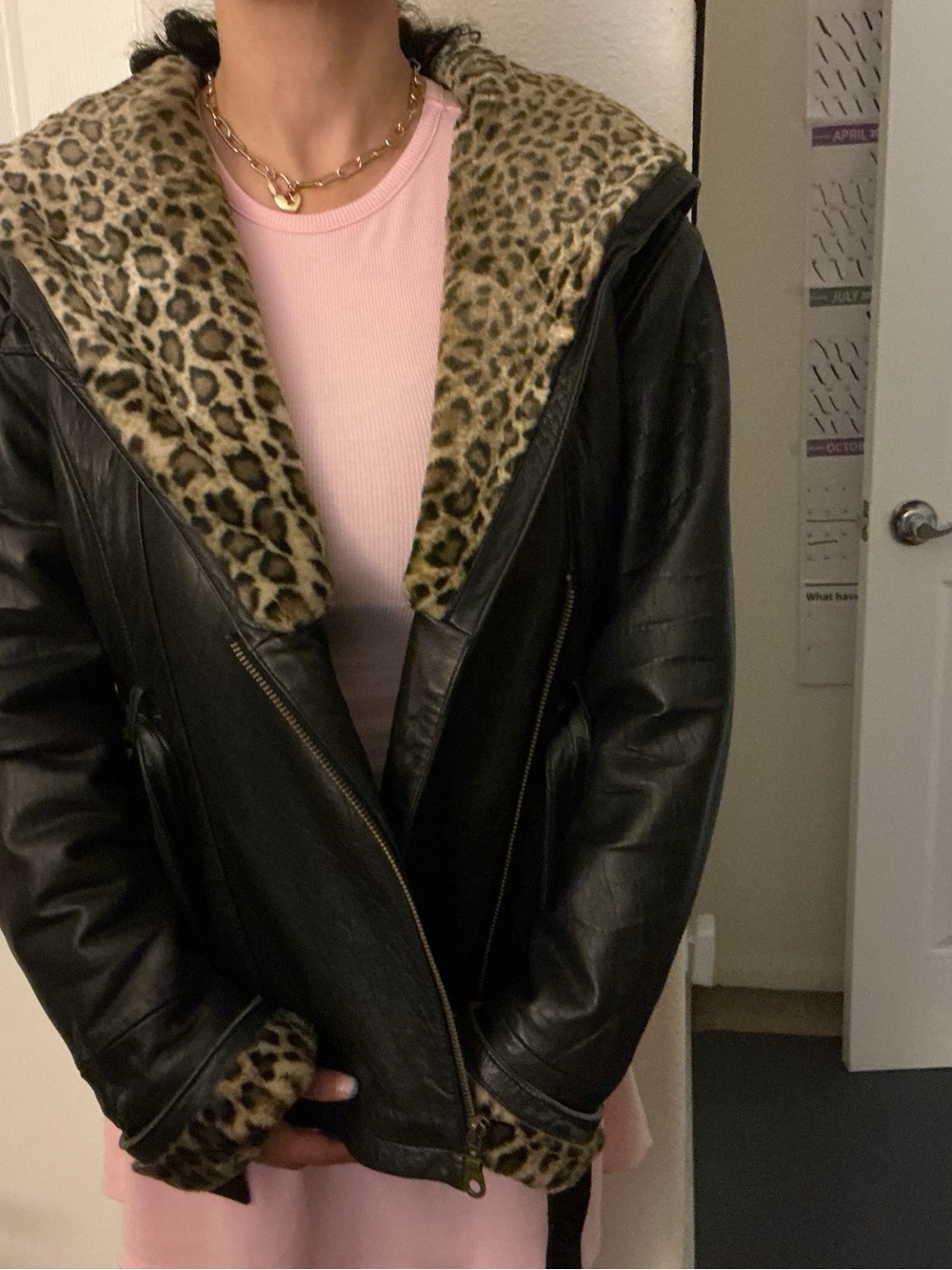 Wilsons Leather Black Leather Jacket with Leopard Fur Trim